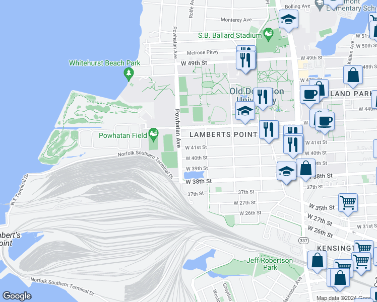 map of restaurants, bars, coffee shops, grocery stores, and more near 1545 West 41st Street in Norfolk