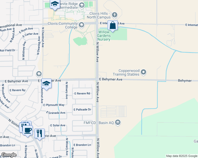 map of restaurants, bars, coffee shops, grocery stores, and more near East Behymer Avenue in Clovis