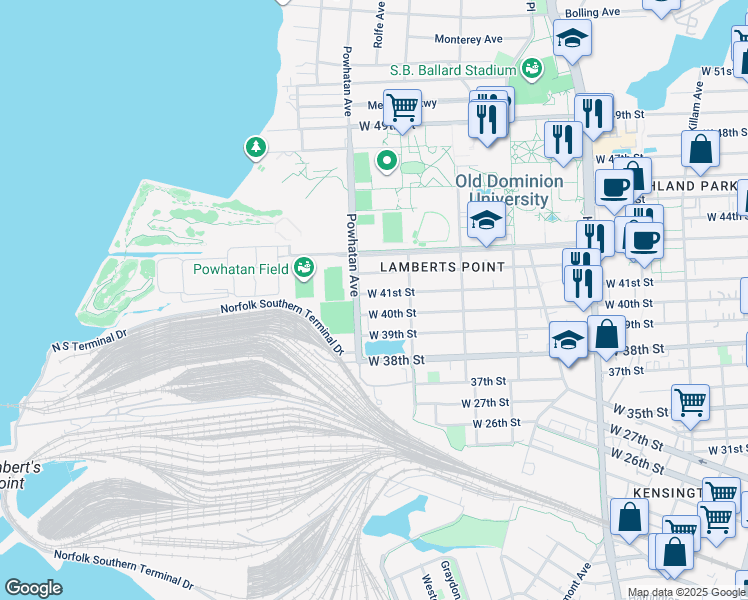map of restaurants, bars, coffee shops, grocery stores, and more near 1545 West 41st Street in Norfolk