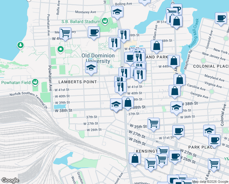 map of restaurants, bars, coffee shops, grocery stores, and more near 1230 West 40th Street in Norfolk