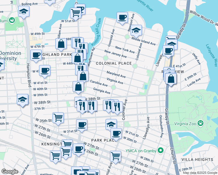 map of restaurants, bars, coffee shops, grocery stores, and more near 611 Carolina Avenue in Norfolk