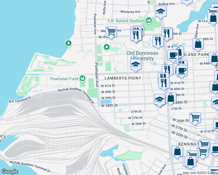 map of restaurants, bars, coffee shops, grocery stores, and more near 1513 West 41st Street in Norfolk