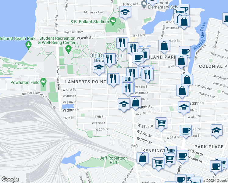 map of restaurants, bars, coffee shops, grocery stores, and more near 4011 Bowdens Ferry Road in Norfolk