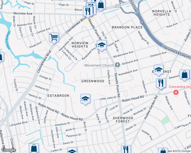 map of restaurants, bars, coffee shops, grocery stores, and more near 3200 Locust Avenue in Norfolk
