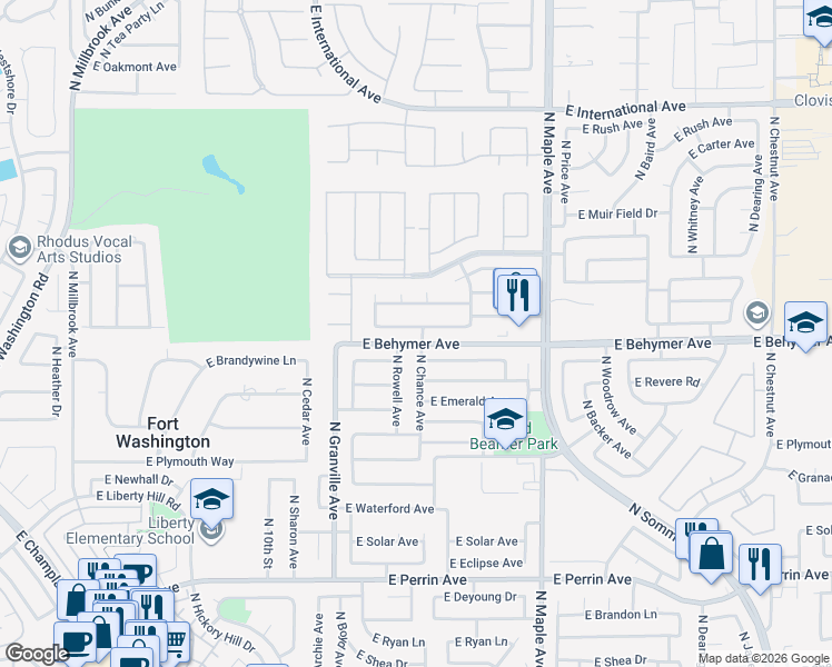 map of restaurants, bars, coffee shops, grocery stores, and more near 1639 East La Quinta Drive in Fresno