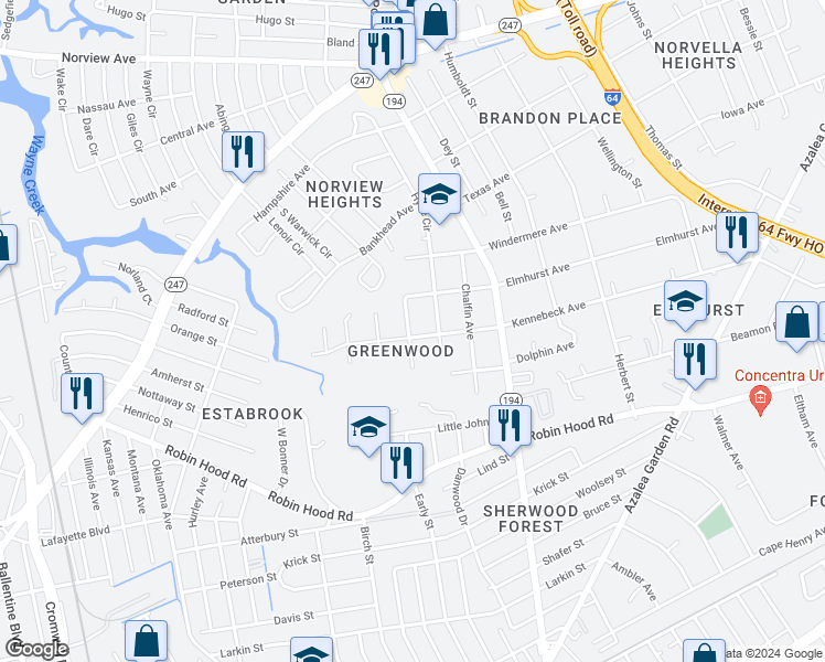map of restaurants, bars, coffee shops, grocery stores, and more near 3200 Locust Avenue in Norfolk
