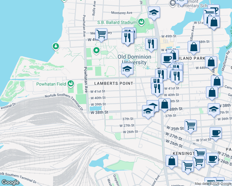 map of restaurants, bars, coffee shops, grocery stores, and more near 1411 West 41st Street in Norfolk