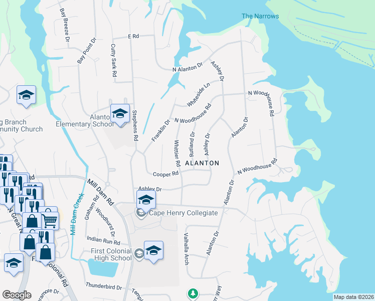 map of restaurants, bars, coffee shops, grocery stores, and more near 1421 Rutland Drive in Virginia Beach