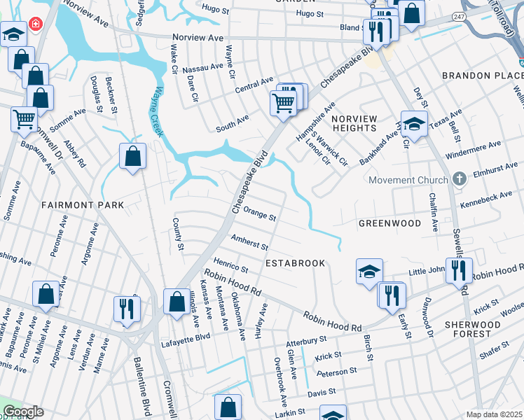 map of restaurants, bars, coffee shops, grocery stores, and more near 3642 Radford Street in Norfolk