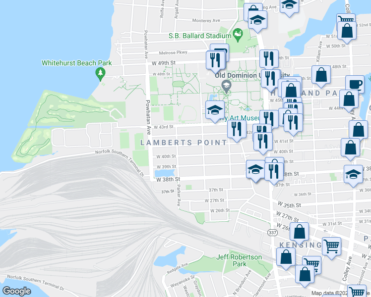 map of restaurants, bars, coffee shops, grocery stores, and more near 1442 West 41st Street in Norfolk