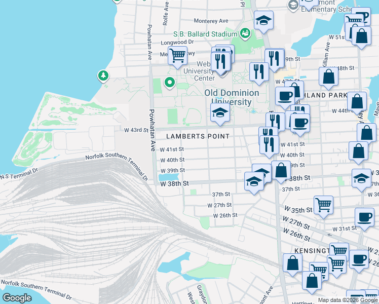 map of restaurants, bars, coffee shops, grocery stores, and more near 1442 West 41st Street in Norfolk