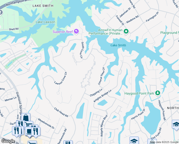 map of restaurants, bars, coffee shops, grocery stores, and more near 5020 Cypress Point Circle in Virginia Beach
