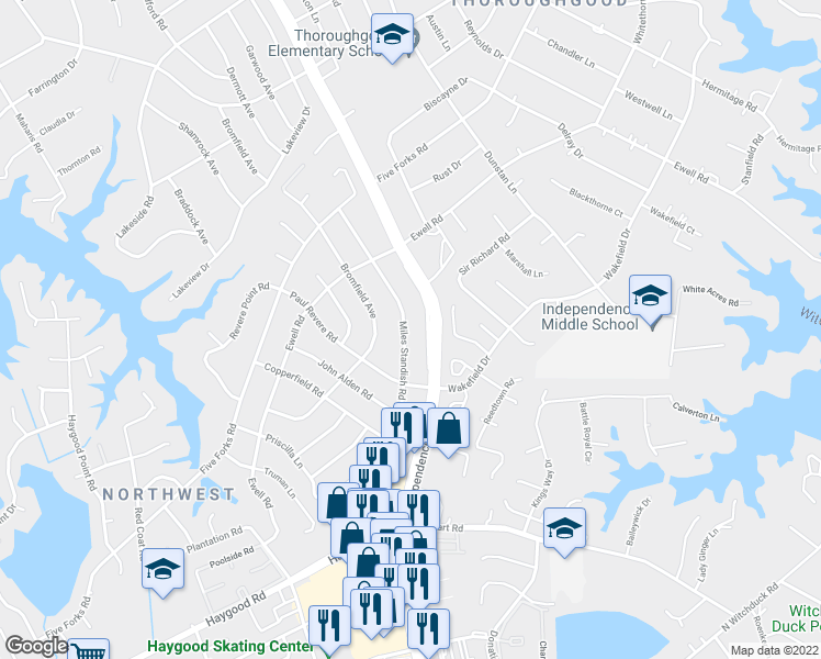 map of restaurants, bars, coffee shops, grocery stores, and more near 4624 Miles Standish Road in Virginia Beach