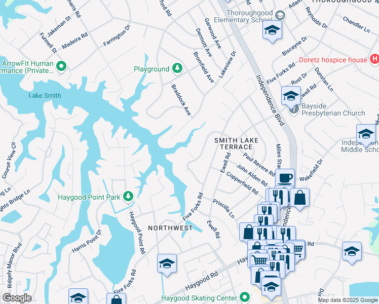 map of restaurants, bars, coffee shops, grocery stores, and more near 1149 West Revere Point Road in Virginia Beach