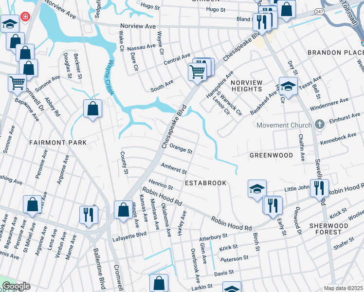 map of restaurants, bars, coffee shops, grocery stores, and more near 3642 Radford Street in Norfolk
