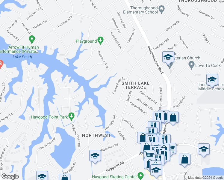 map of restaurants, bars, coffee shops, grocery stores, and more near 1141 West Revere Point Road in Virginia Beach