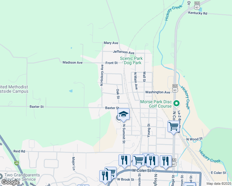 map of restaurants, bars, coffee shops, grocery stores, and more near 1213 Oak Street in Neosho