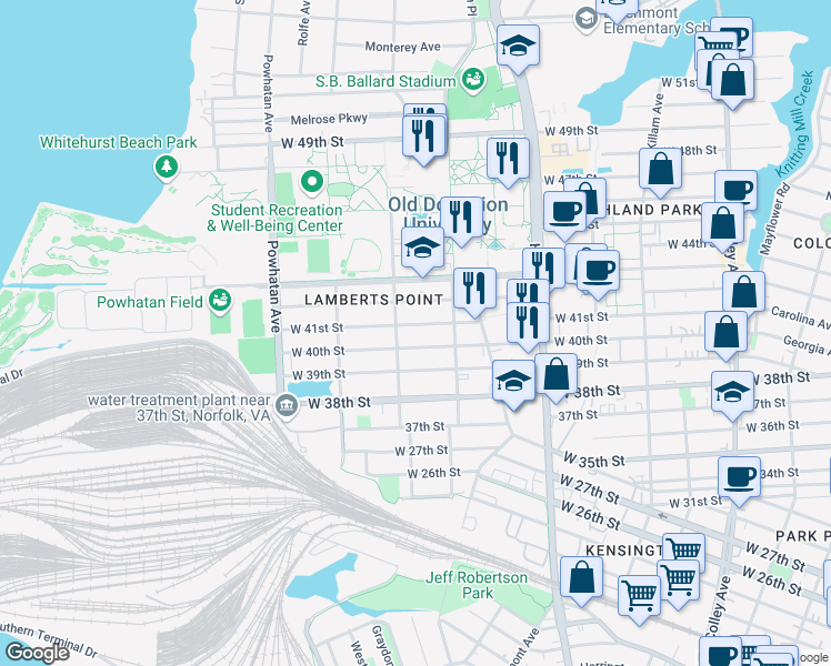 map of restaurants, bars, coffee shops, grocery stores, and more near 1335 West 41st Street in Norfolk