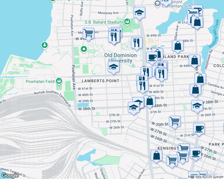 map of restaurants, bars, coffee shops, grocery stores, and more near 1335 West 41st Street in Norfolk