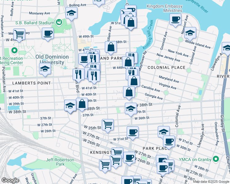 map of restaurants, bars, coffee shops, grocery stores, and more near 859 West 41st Street in Norfolk