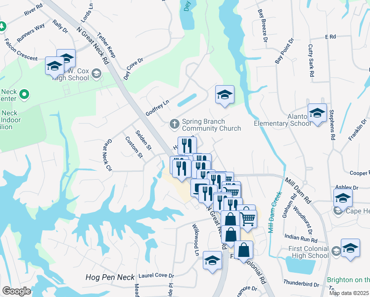 map of restaurants, bars, coffee shops, grocery stores, and more near 1447 Harbor Court in Virginia Beach