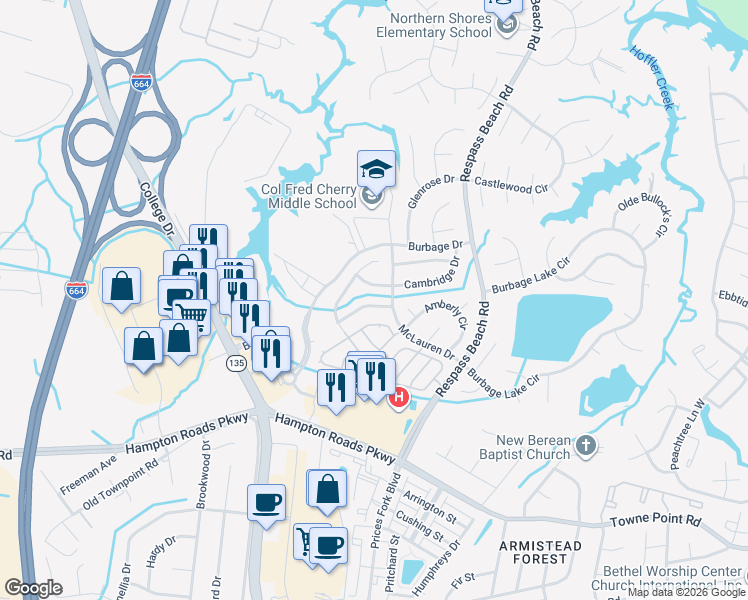 map of restaurants, bars, coffee shops, grocery stores, and more near 6119 Cambridge Drive West in Suffolk