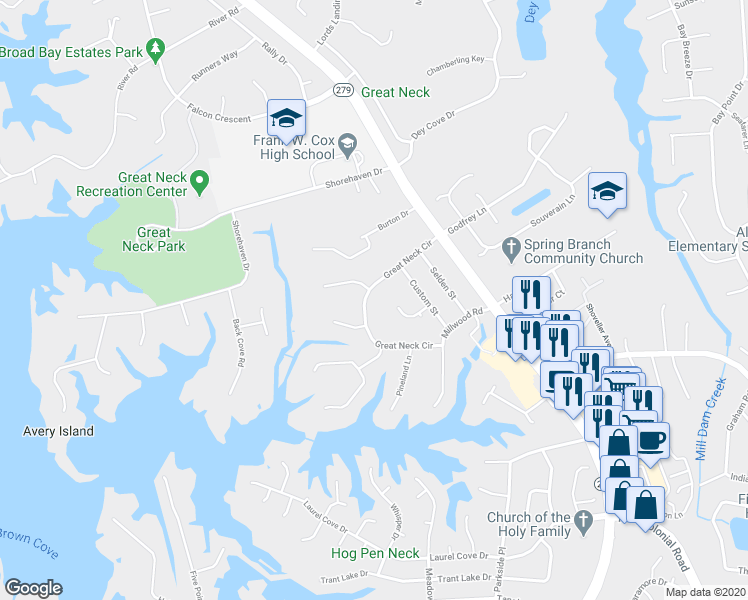 map of restaurants, bars, coffee shops, grocery stores, and more near 2341 Great Neck Circle in Virginia Beach