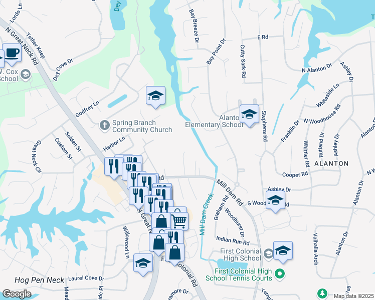 map of restaurants, bars, coffee shops, grocery stores, and more near 1432 Water Mill Circle in Virginia Beach