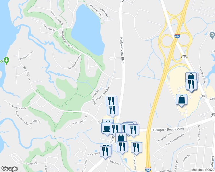 map of restaurants, bars, coffee shops, grocery stores, and more near 5403 Sports Club Run in Suffolk