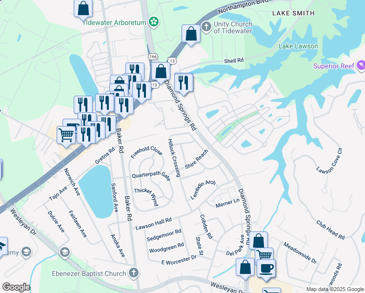 map of restaurants, bars, coffee shops, grocery stores, and more near 5522 Finespun Last in Virginia Beach