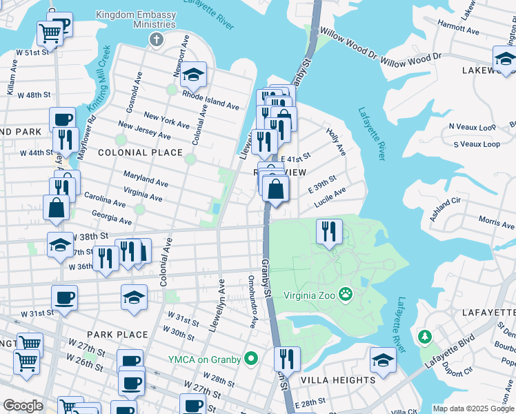 map of restaurants, bars, coffee shops, grocery stores, and more near 3920 Omohundro Avenue in Norfolk