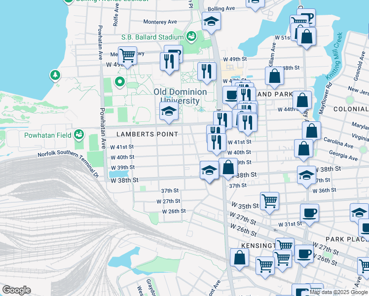 map of restaurants, bars, coffee shops, grocery stores, and more near 4103 Bowdens Ferry Road in Norfolk