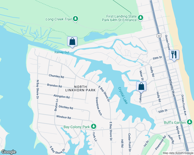 map of restaurants, bars, coffee shops, grocery stores, and more near 1344 East Bay Shore Drive in Virginia Beach
