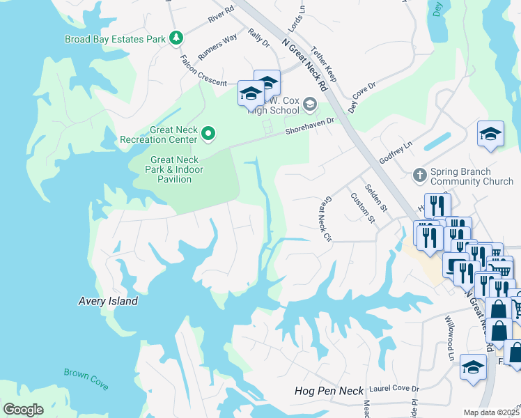 map of restaurants, bars, coffee shops, grocery stores, and more near 2504 Linehan Court in Virginia Beach