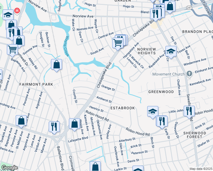 map of restaurants, bars, coffee shops, grocery stores, and more near 3622 Orange Street in Norfolk