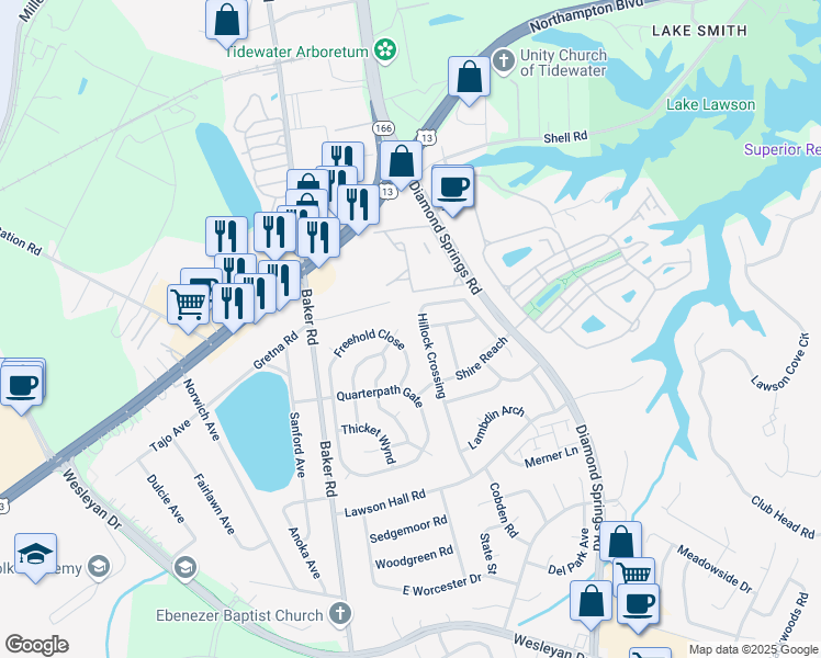 map of restaurants, bars, coffee shops, grocery stores, and more near 1218 Hillock Crossing in Virginia Beach