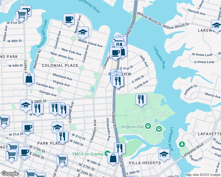 map of restaurants, bars, coffee shops, grocery stores, and more near 3920 Omohundro Avenue in Norfolk