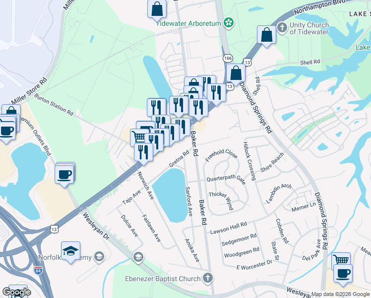 map of restaurants, bars, coffee shops, grocery stores, and more near 1137 Baker Road in Virginia Beach