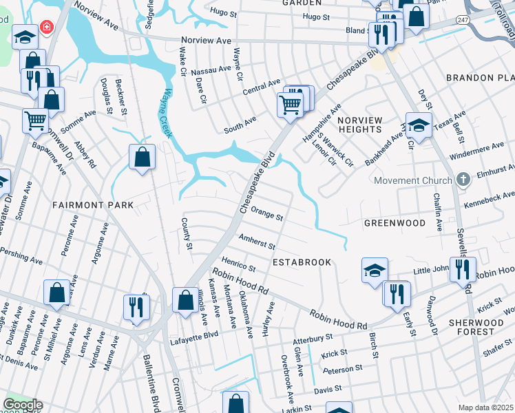 map of restaurants, bars, coffee shops, grocery stores, and more near 3614 Orange Street in Norfolk