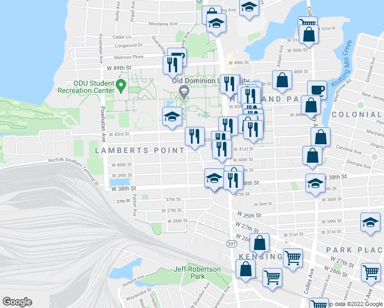 map of restaurants, bars, coffee shops, grocery stores, and more near 1277 West 41st Street in Norfolk