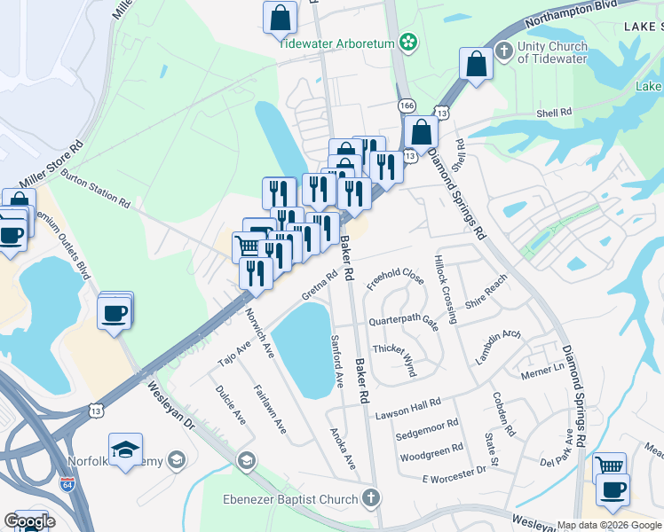 map of restaurants, bars, coffee shops, grocery stores, and more near 1137 Baker Road in Virginia Beach