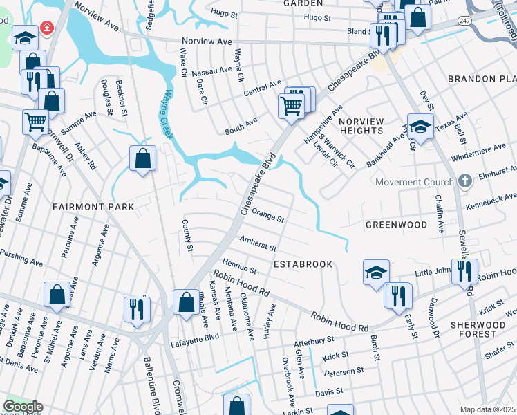 map of restaurants, bars, coffee shops, grocery stores, and more near 3614 Orange Street in Norfolk