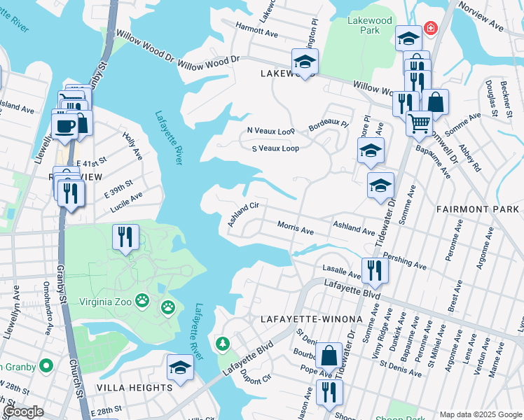 map of restaurants, bars, coffee shops, grocery stores, and more near 1464 Ashland Circle in Norfolk