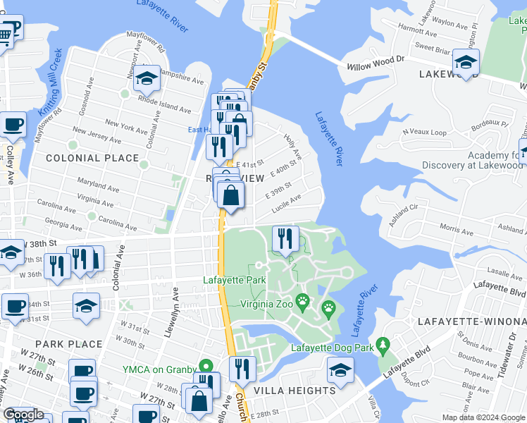 map of restaurants, bars, coffee shops, grocery stores, and more near 207 East 39th Street in Norfolk