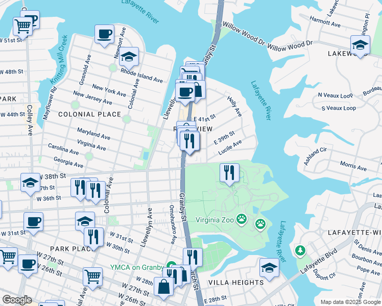 map of restaurants, bars, coffee shops, grocery stores, and more near 117 East 39th Street in Norfolk