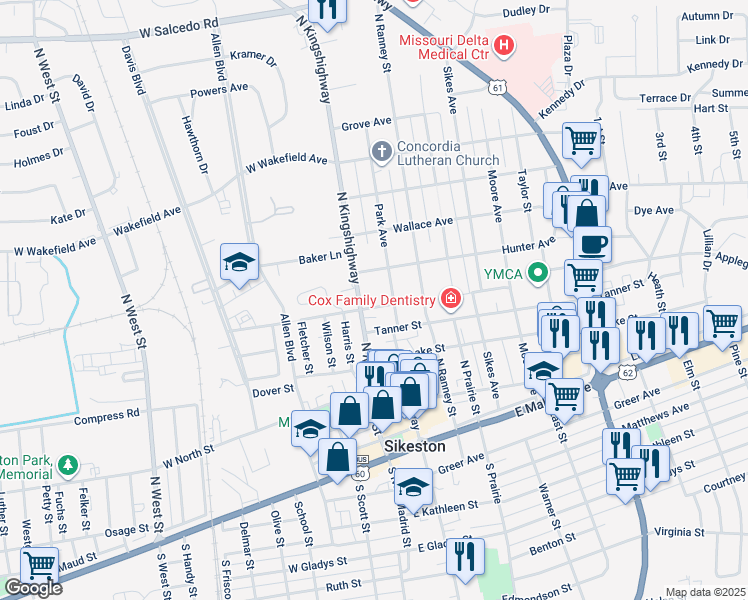 map of restaurants, bars, coffee shops, grocery stores, and more near 517 Park Avenue in Sikeston