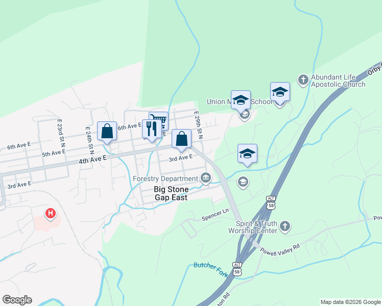 map of restaurants, bars, coffee shops, grocery stores, and more near 1-99 Powell Valley Road in Big Stone Gap