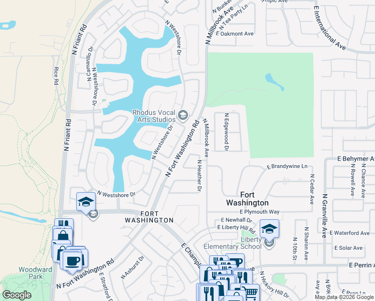 map of restaurants, bars, coffee shops, grocery stores, and more near 9981 North Madison Ridge Road in Fresno