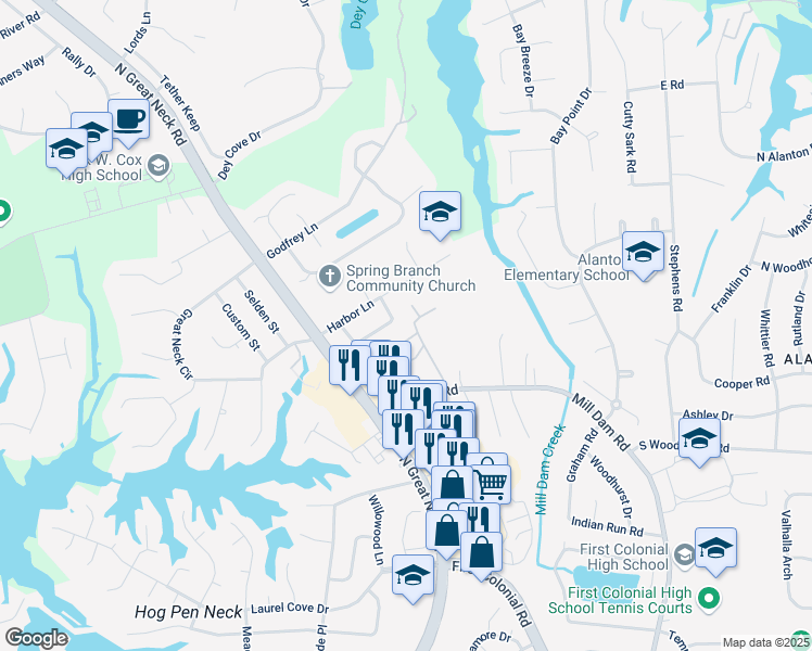 map of restaurants, bars, coffee shops, grocery stores, and more near 1471 Shoveller Avenue in Virginia Beach