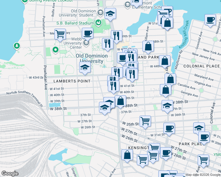 map of restaurants, bars, coffee shops, grocery stores, and more near 1234 West 41st Street in Norfolk
